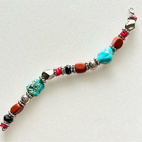 Turquoise and Carnelian Nuggets with Coral Colored Heishi Beads and Black Glass - Picture 7 of 8